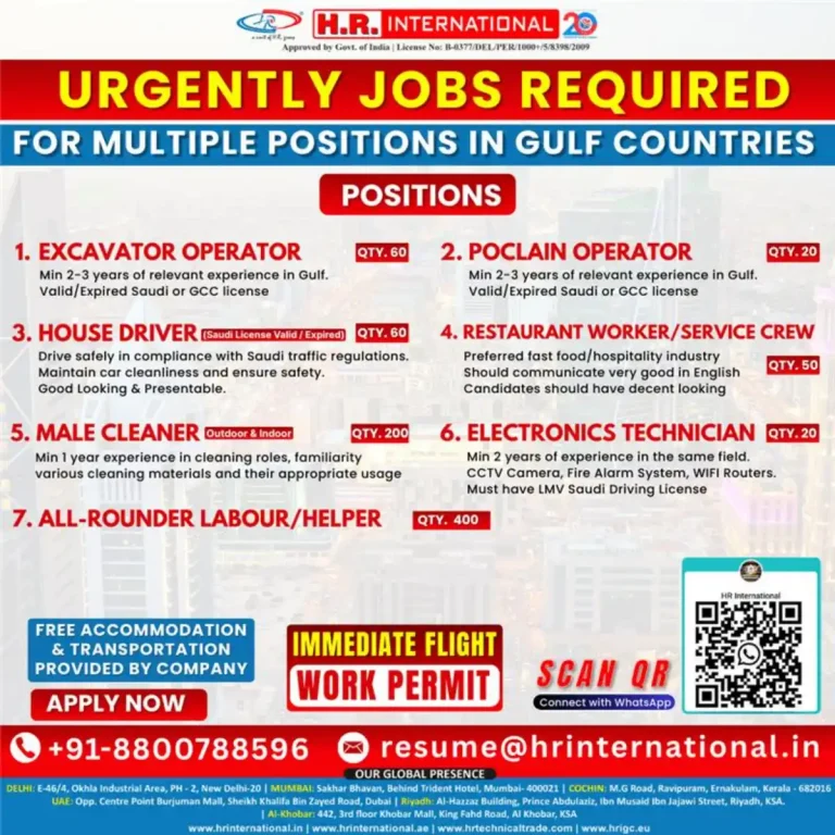 Urgent Job Openings in Gulf Countries | Multiple Positions | H.R. International