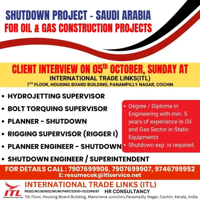 International Trade Links Recruitment for Saudi Arabia Shutdown Project in Oil and Gas Industry
