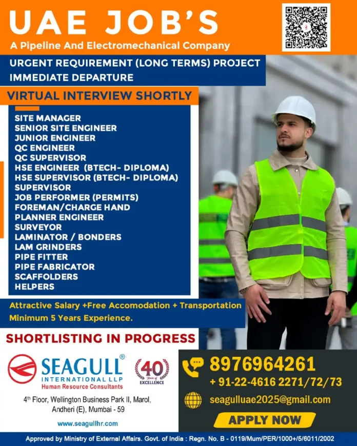 Pipeline and Electromechanical Jobs Opportunity in UAE with Free Accommodation
