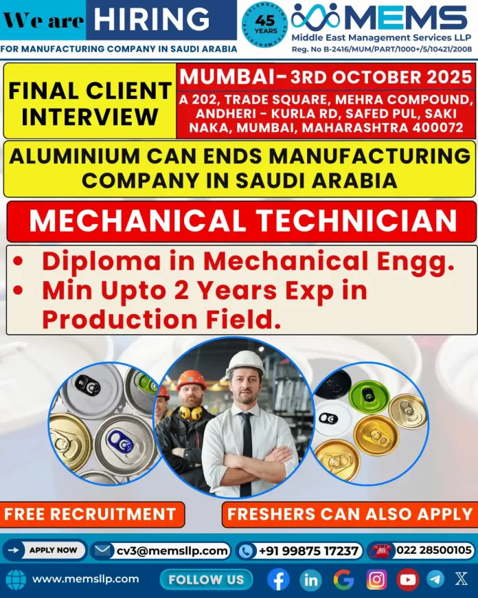 Mechanical Technician working in aluminium can ends manufacturing in Saudi Arabia