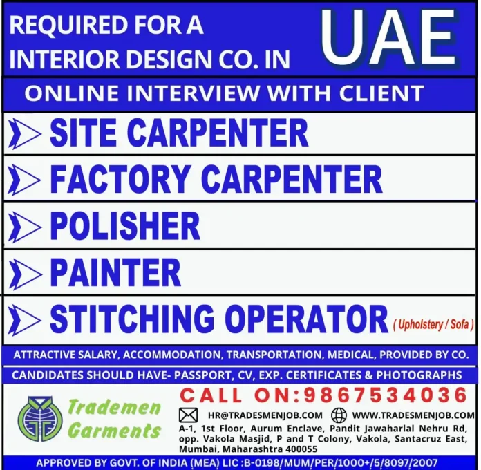 Recruitment for tradesmen positions in UAE interior design company