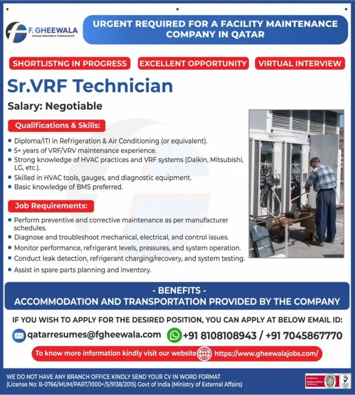 Senior VRF Technician performing maintenance on HVAC system in Qatar