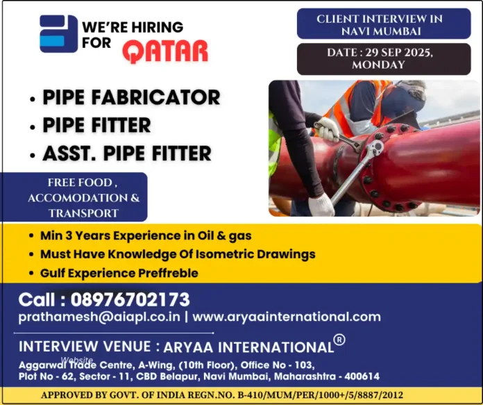Pipe Fabricator and Pipe Fitter Job Opportunities in Qatar with Aryaa International