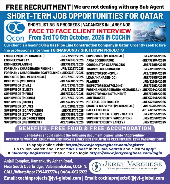Short-term job opportunities in Qatar for oil and gas projects
