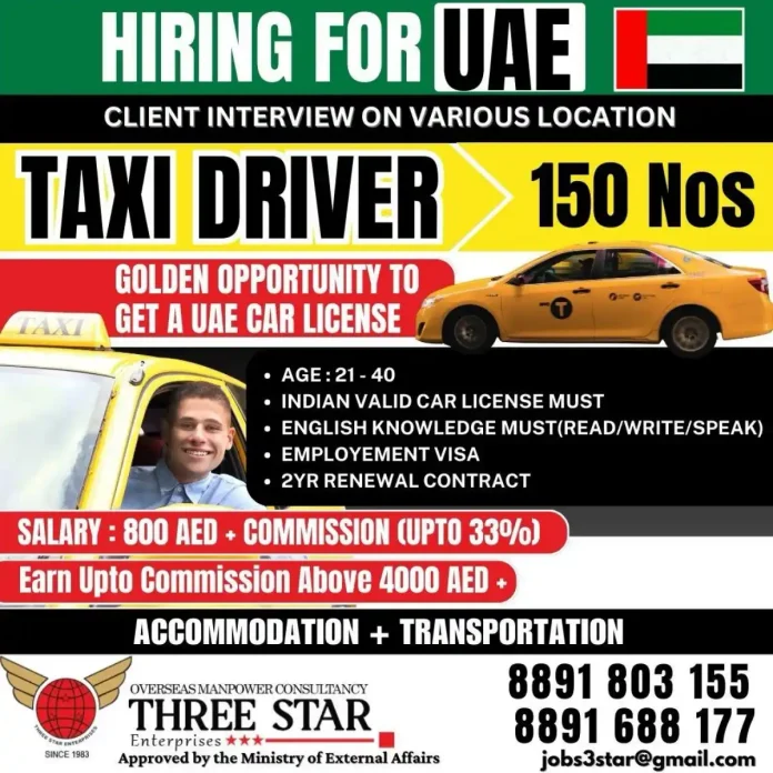 Taxi Driver Employment Opportunity in United Arab Emirates with Three Star WES