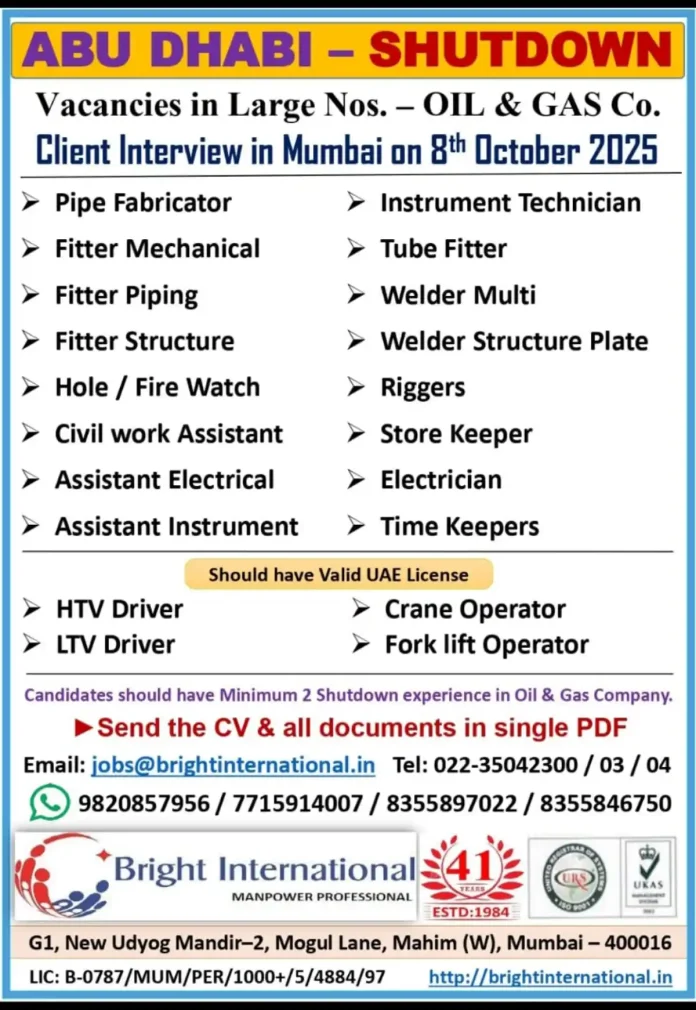 Oil and Gas Shutdown Job Openings in Abu Dhabi with Client Interview in Mumbai