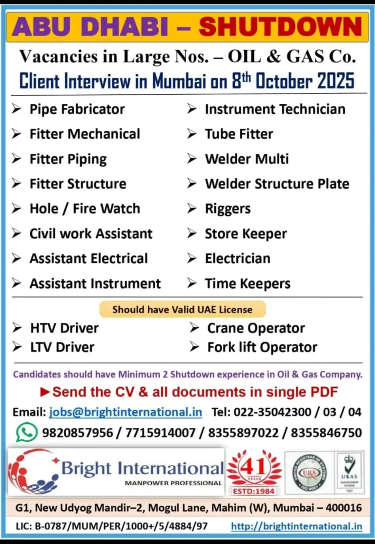 Urgent Hiring for Oil & Gas Shutdown Positions in Abu Dhabi – Client Interview in Mumbai on 8th Oct 2025
