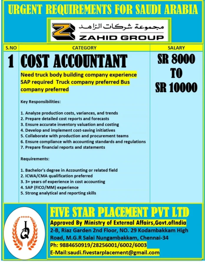 Cost Accountant Career Opportunity at Zahid Group Saudi Arabia