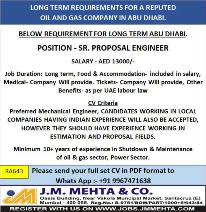 Senior Proposal Engineer Career Opportunity in Abu Dhabi Oil and Gas Sector