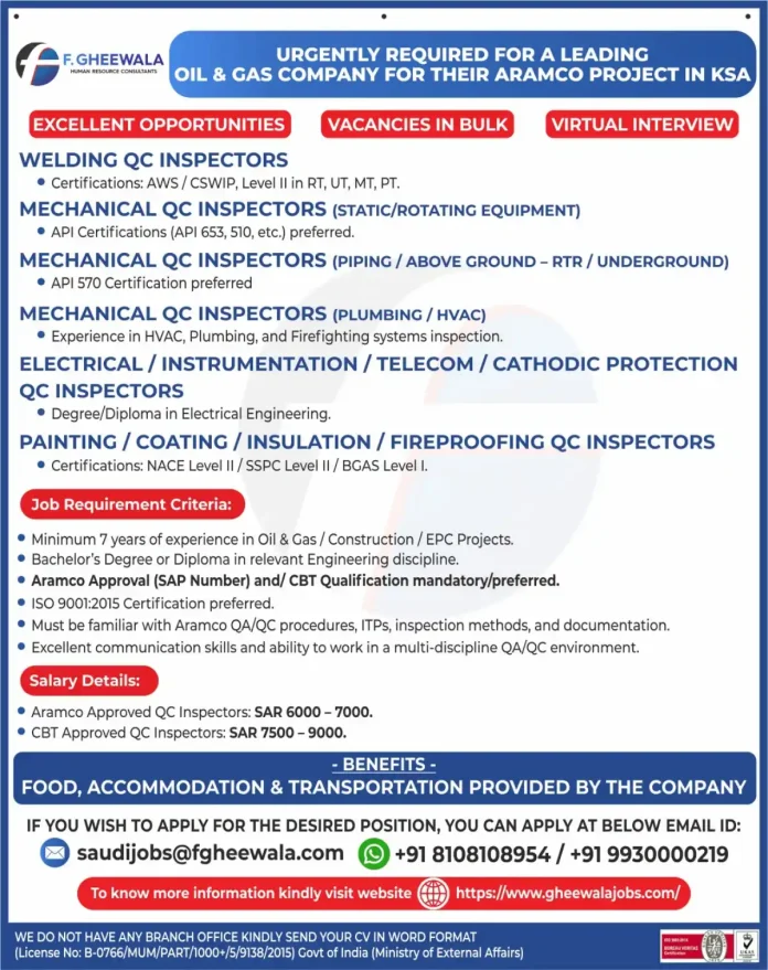 QC Inspector performing quality check in Oil and Gas industry for Aramco Project