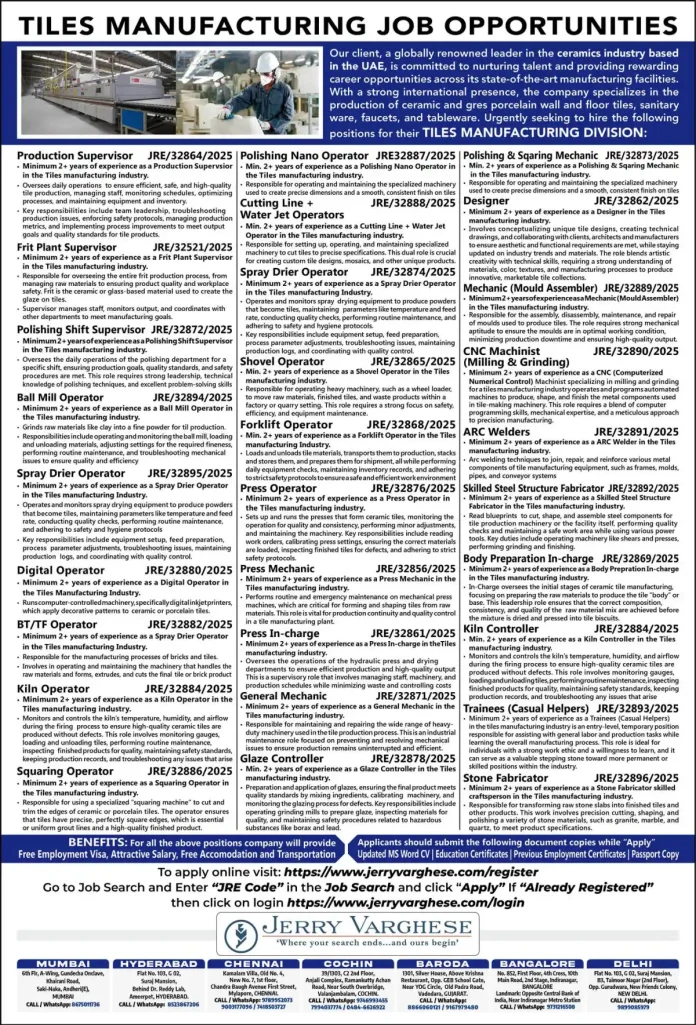 Tiles Manufacturing Careers in UAE with Global Ceramics Leader