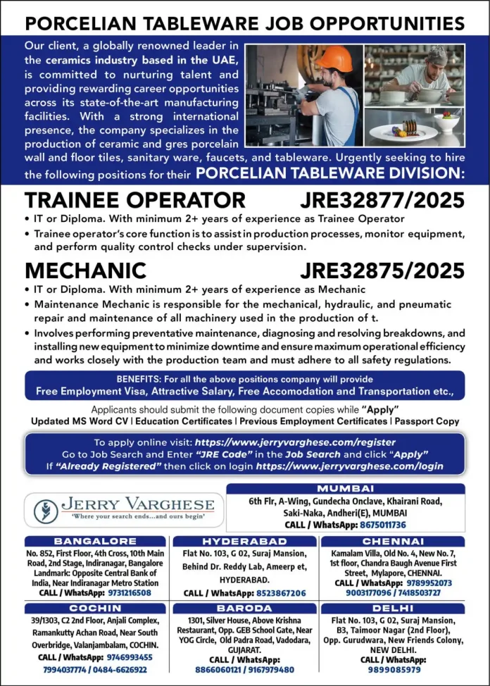 Porcelain tableware manufacturing and job opportunities in UAE ceramics industry