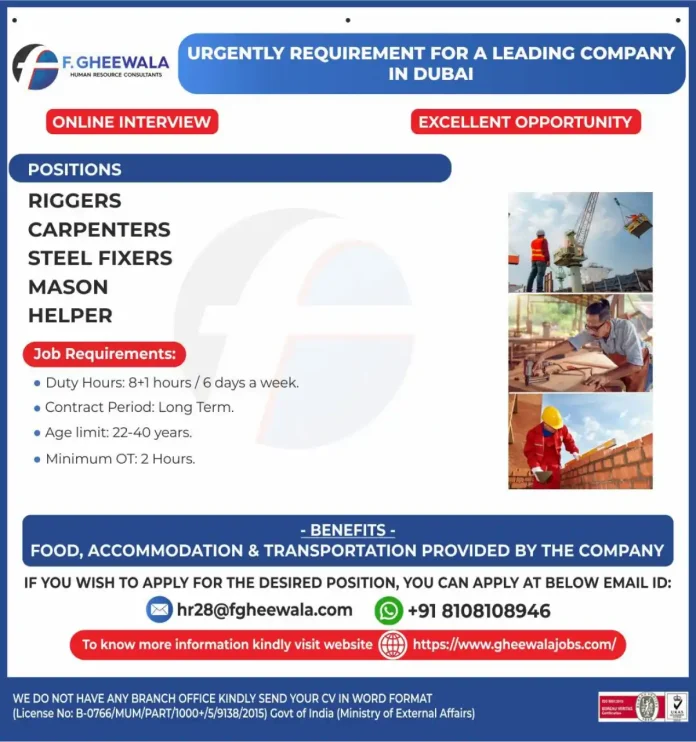 Construction job opportunities in Dubai with F. GHEEWALA HR Consultants