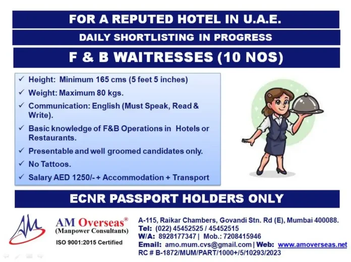 F&B Waitress Career Opportunity in UAE Hotel