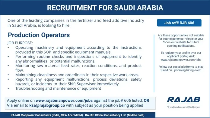 Production Operator working in a fertilizer plant in Saudi Arabia