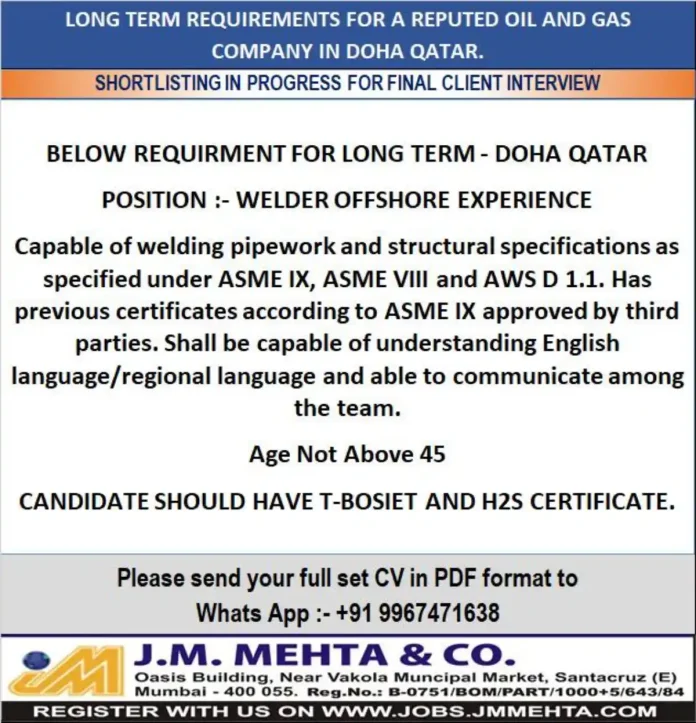 Welder Offshore Job Opportunity in Doha Qatar