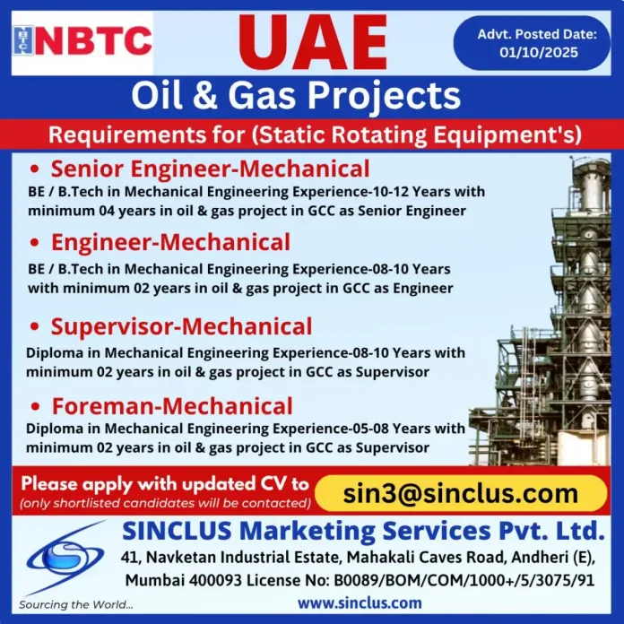 Mechanical Engineer job opportunities at NBTC UAE for oil and gas projects