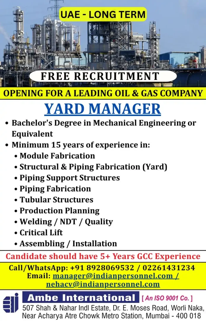 Yard Manager Career Opportunity in UAE Oil and Gas Industry