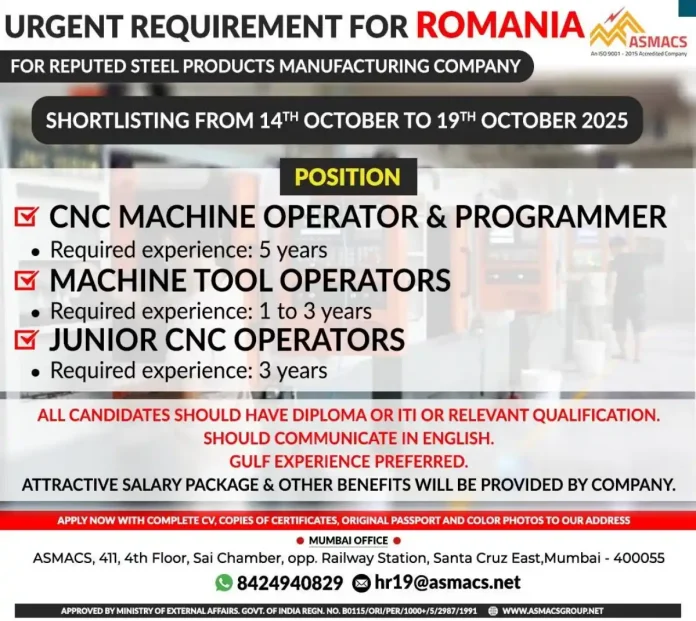 CNC Machine Operator Job Opportunity in Romania with ASMACS