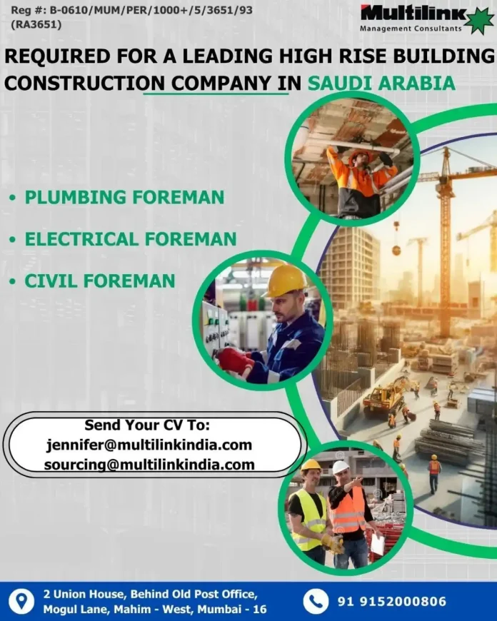 Construction Foreman Jobs in Saudi Arabia for High-Rise Buildings