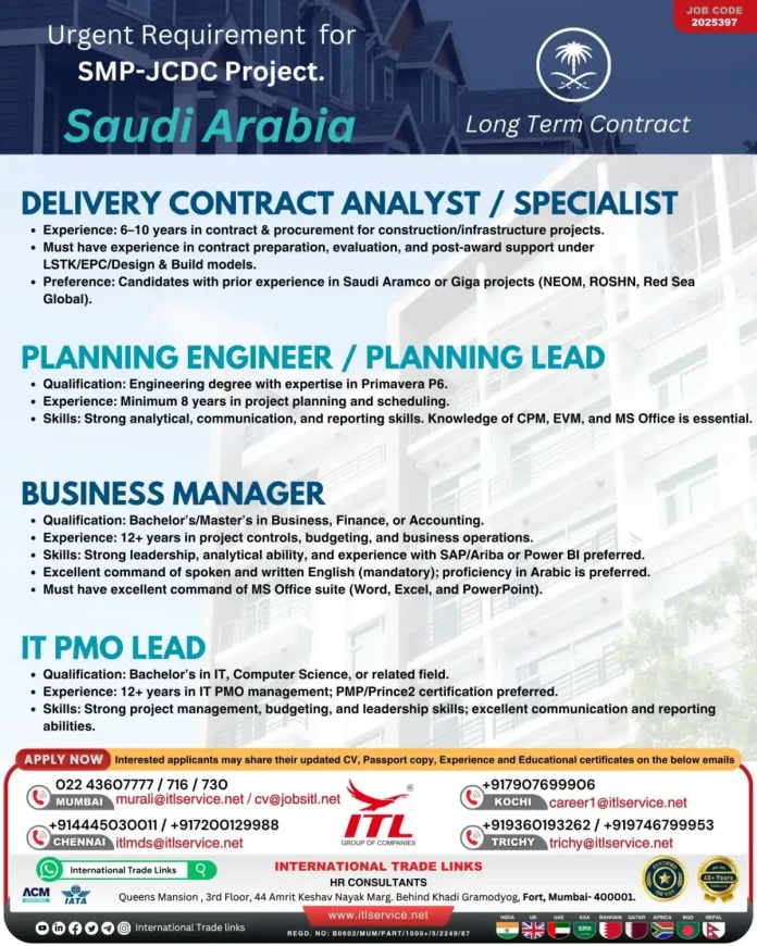 ITL Group Recruitment for SMP-JCDC Project in Saudi Arabia