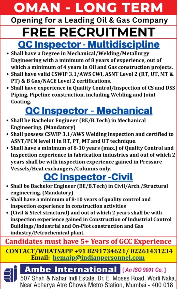 QC Inspector Job Opening in Oman for Oil and Gas Industry