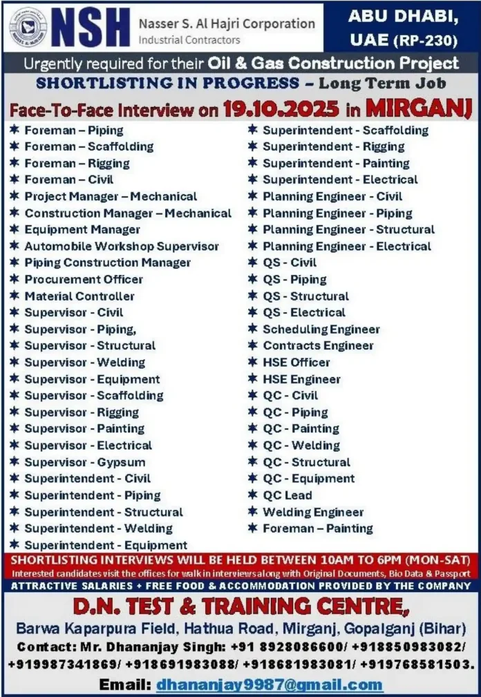 NSH Al Hajri Corporation Job Interview for Oil and Gas Project in Abu Dhabi
