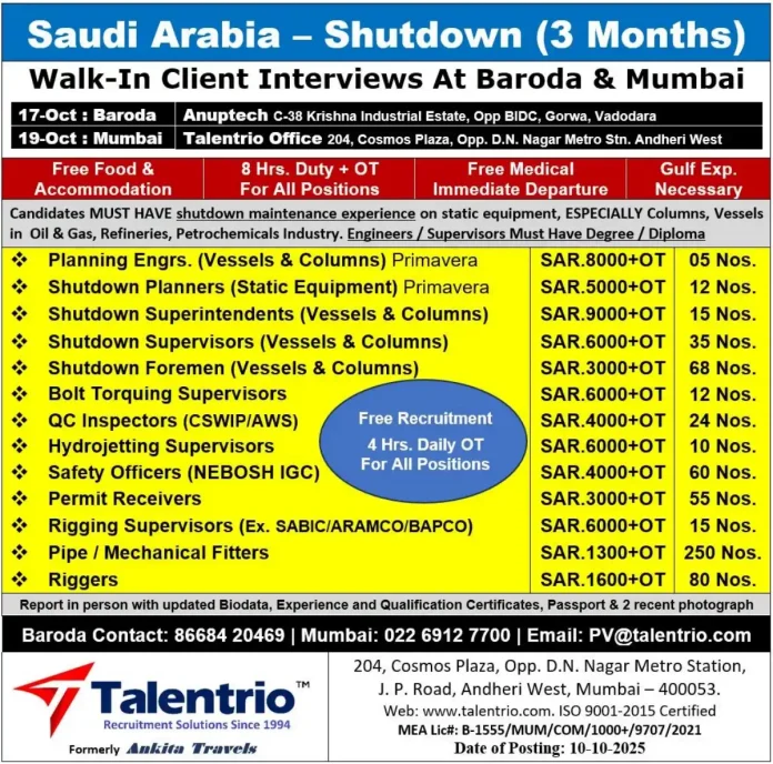 Recruitment for Shutdown Maintenance Jobs in Saudi Arabia