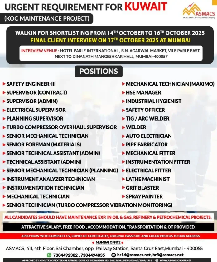 ASMACS Recruitment for Kuwait KOC Maintenance Project Jobs