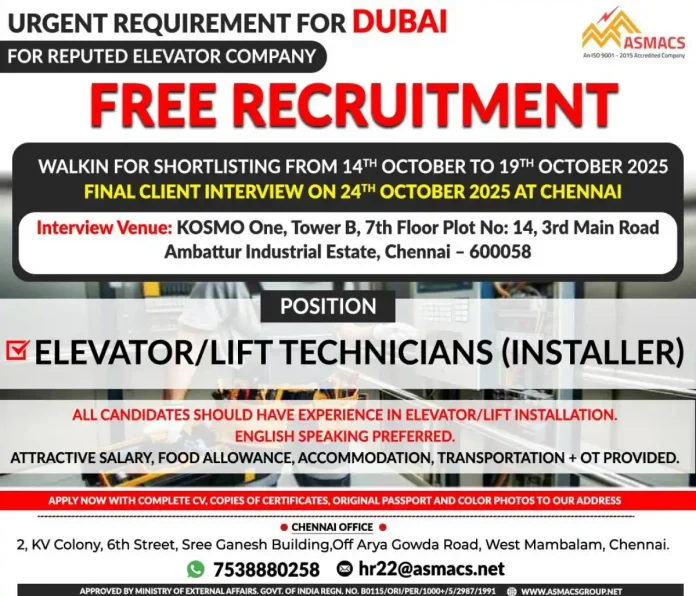 ASMACS Recruitment for Elevator Technicians in Dubai
