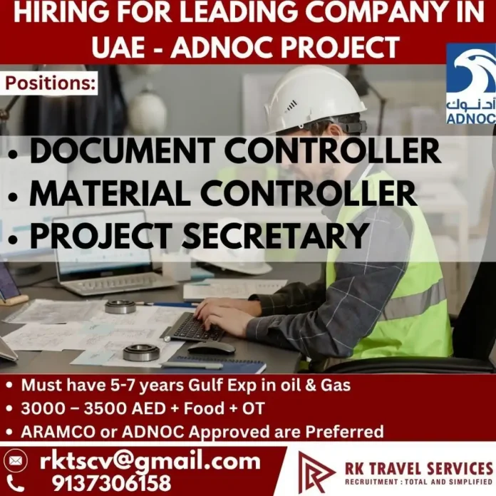 RK Travel Services Recruitment for ADNOC Project in UAE