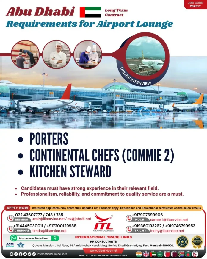 Airport Lounge Staff Recruitment in Abu Dhabi