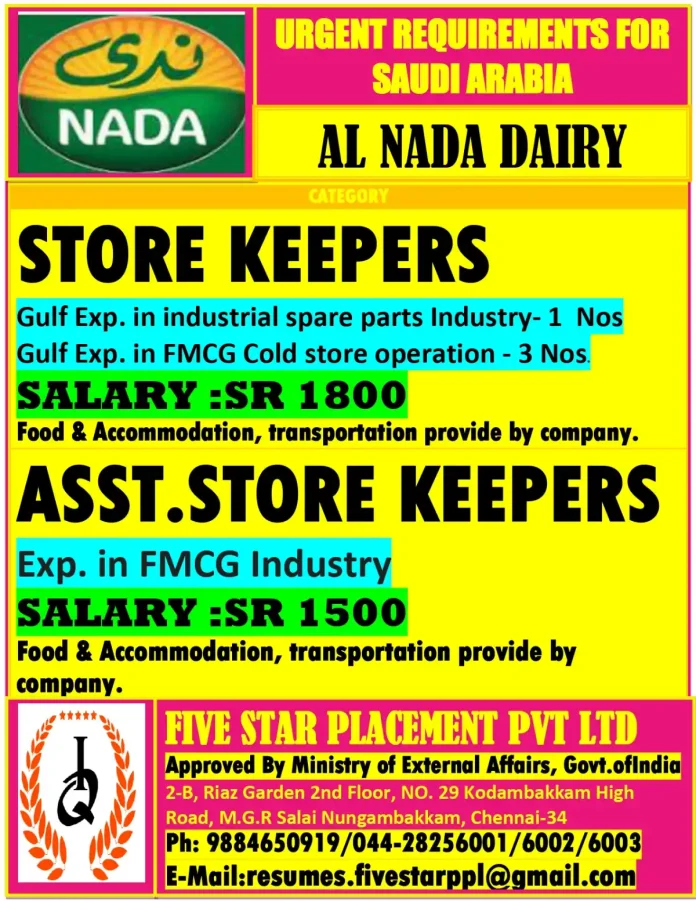 Store Keeper Job Opportunities at Al Nada Dairy in Saudi Arabia