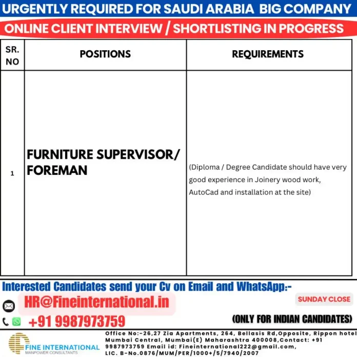 Furniture Supervisor Job Opportunity in Saudi Arabia