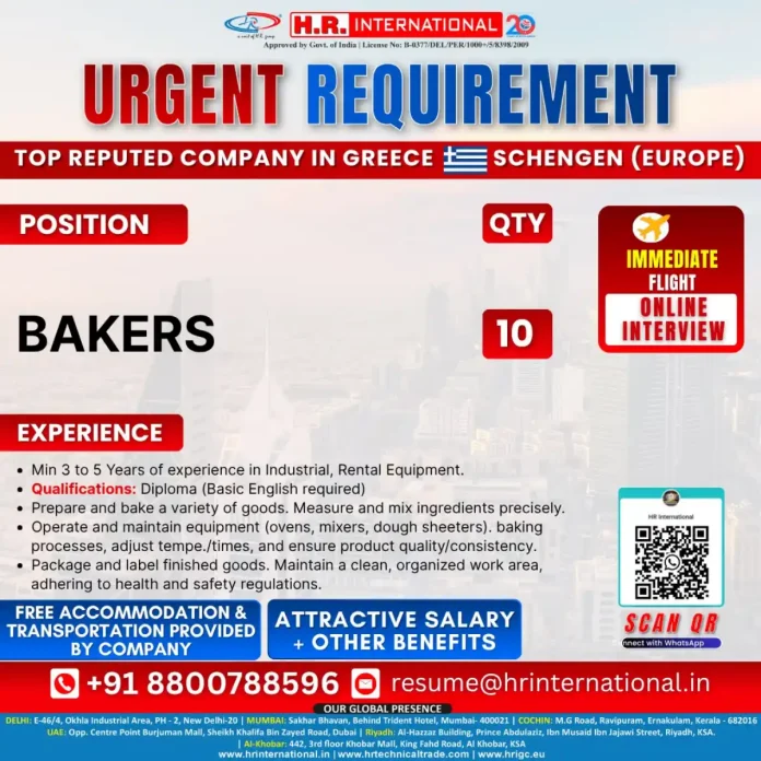 Baker Job Opportunity in Greece with Free Benefits
