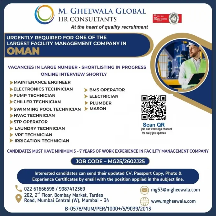 M. Gheewala Global HR Consultants Facility Management Job Openings in Oman
