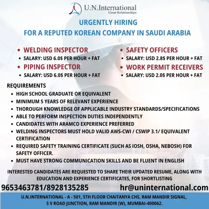 Job recruitment for Welding and Piping Inspectors in Saudi Arabia
