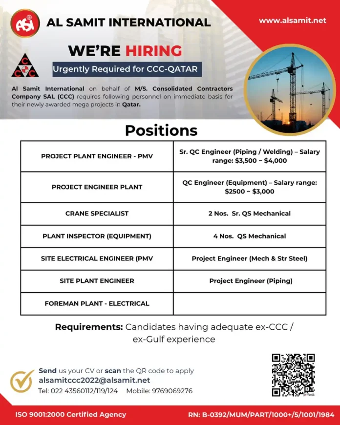 Al Samit International hiring for CCC Qatar engineering jobs