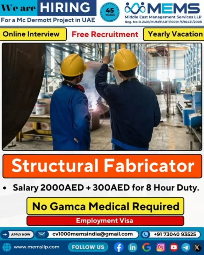 Structural Fabricator Job Opportunity in UAE with Middle East Management Services LLP