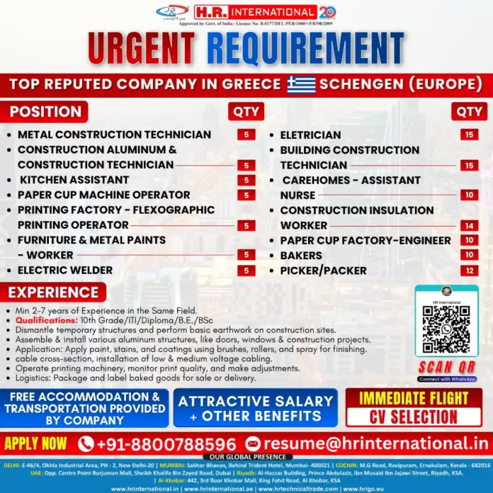 HR International Greece Job Recruitment for Construction and Technical Positions