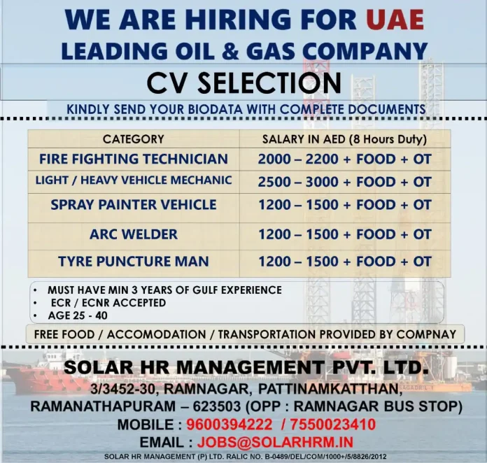 UAE Oil and Gas Company Recruitment for Technician Positions