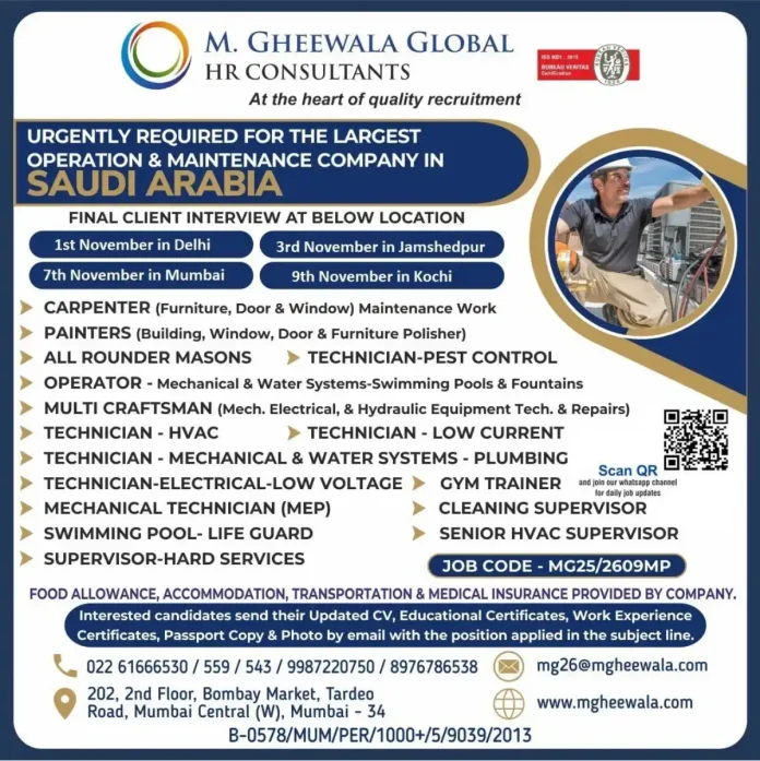 M. Gheewala Global HR Consultants recruitment for Saudi Arabia operation and maintenance jobs