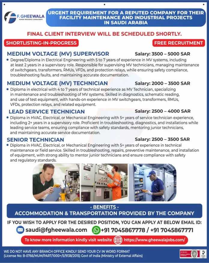 F. GHEEWALA Job Recruitment for Facility Maintenance and Industrial Projects in Saudi Arabia