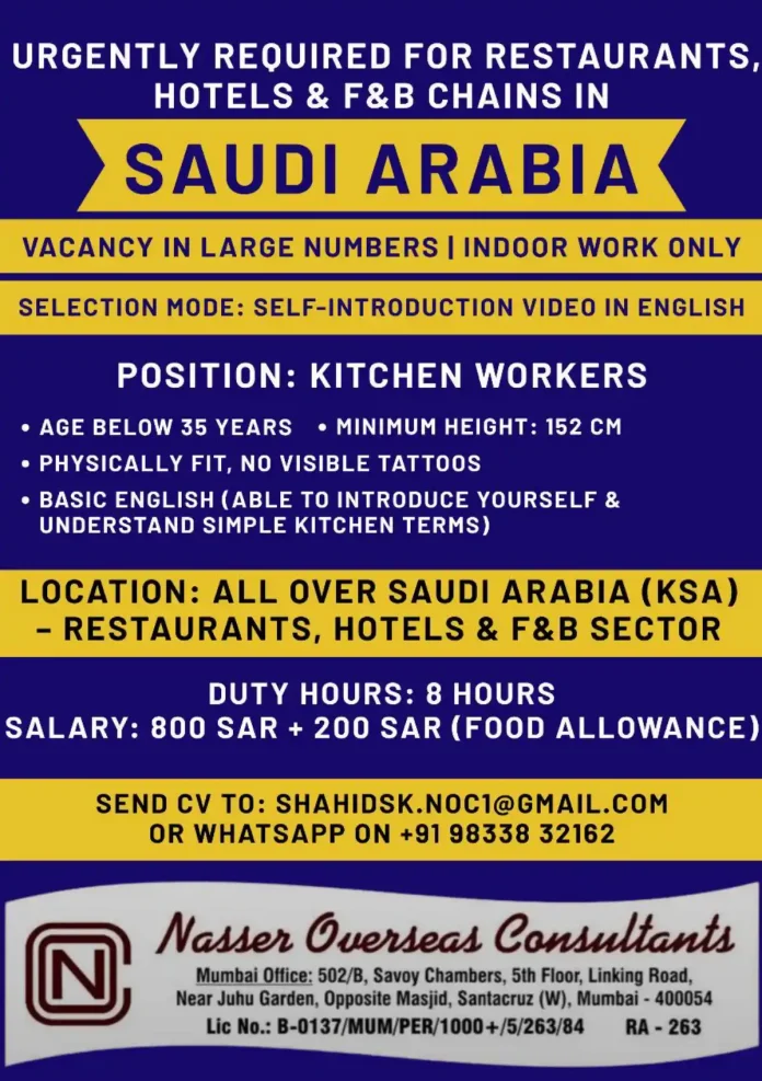 Kitchen Worker Job Opportunity in Saudi Arabia for Restaurants and Hotels