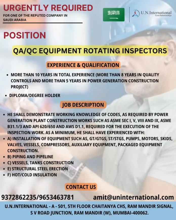 QA/QC Equipment Rotating Inspectors Job Opportunity at U.N. International