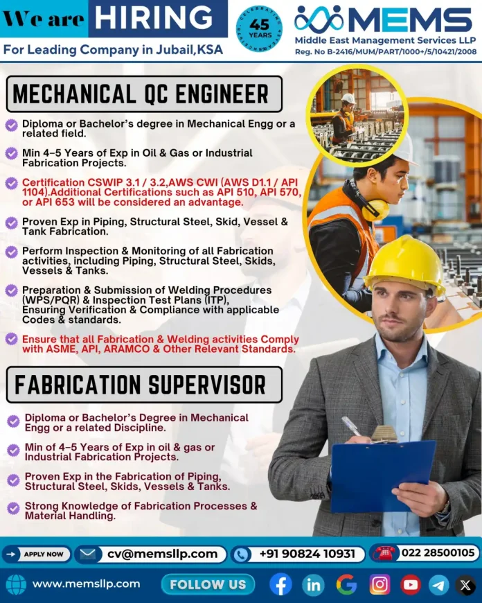 Mechanical QC Engineer and Fabrication Supervisor Job Opportunities at MEMS LLP Jubail