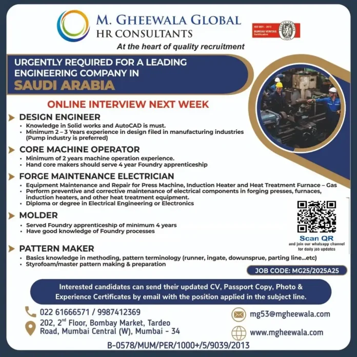 M. GHEEWALA Global HR Consultants - Urgent Engineering Jobs Recruitment for Saudi Arabia
