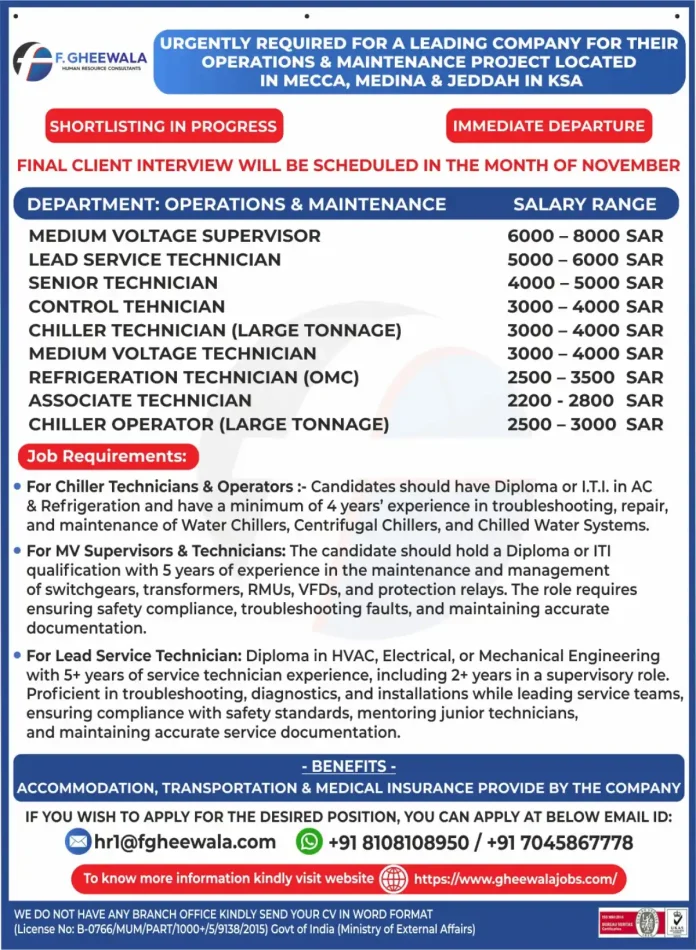 F. GHEEWALA HR Consultants Recruitment for Operations and Maintenance Jobs in Saudi Arabia