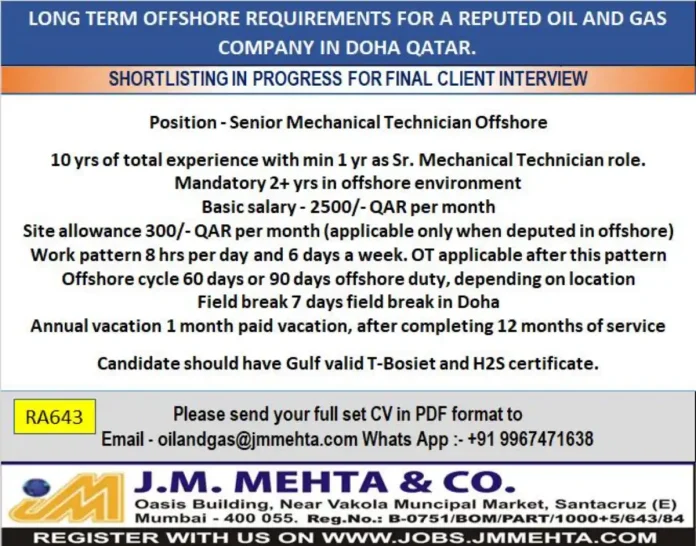 Gulf-Jobs-29-Oct-25-31 Senior Mechanical Technician working on offshore oil and gas platform in Qatar