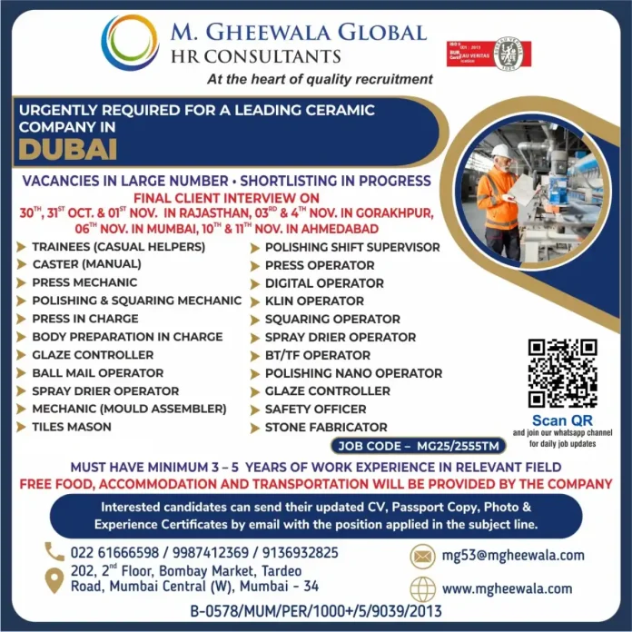 Gulf-Jobs-29-Oct-25-32 M. Gheewala Global HR Consultants Recruitment for Ceramic Company Jobs